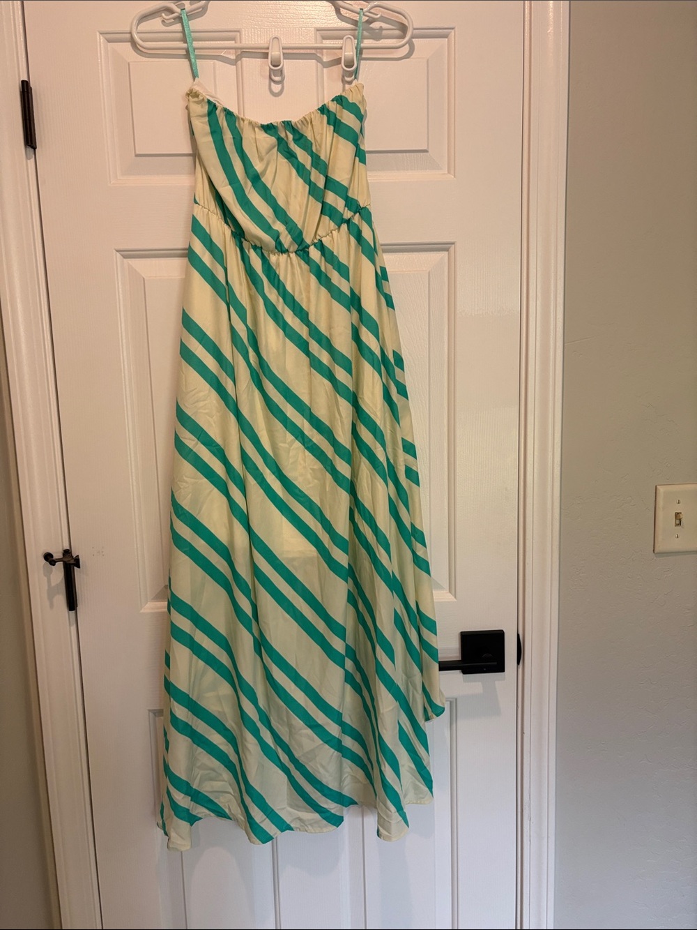 Collective concepts strapless 
Cream and Teal Diagonal Stripe High-Low Dress - Picture 3 of 7